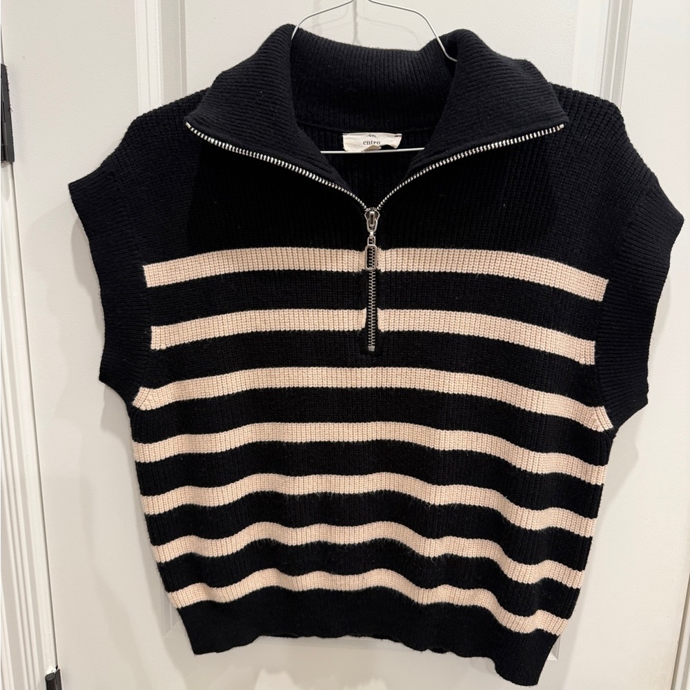 entro Black & Cream Striped Half-Zip Sweater Vest